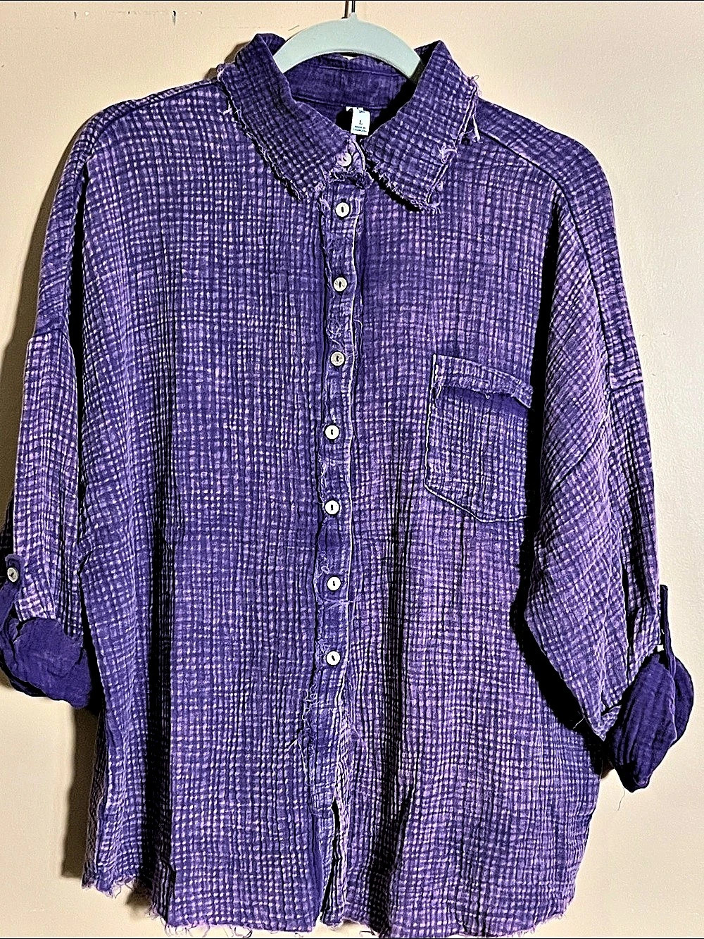 Zenana NWT Mineral Washed Cotton Gauze Button Down Shirt Purple L